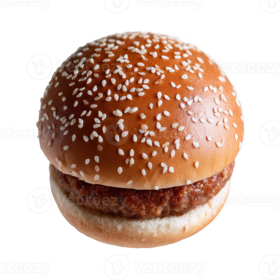 Delicious sesame seed burger bun isolated on a white background, highlighting the soft texture and golden-brown color, perfect for showcasing appetizing food. png