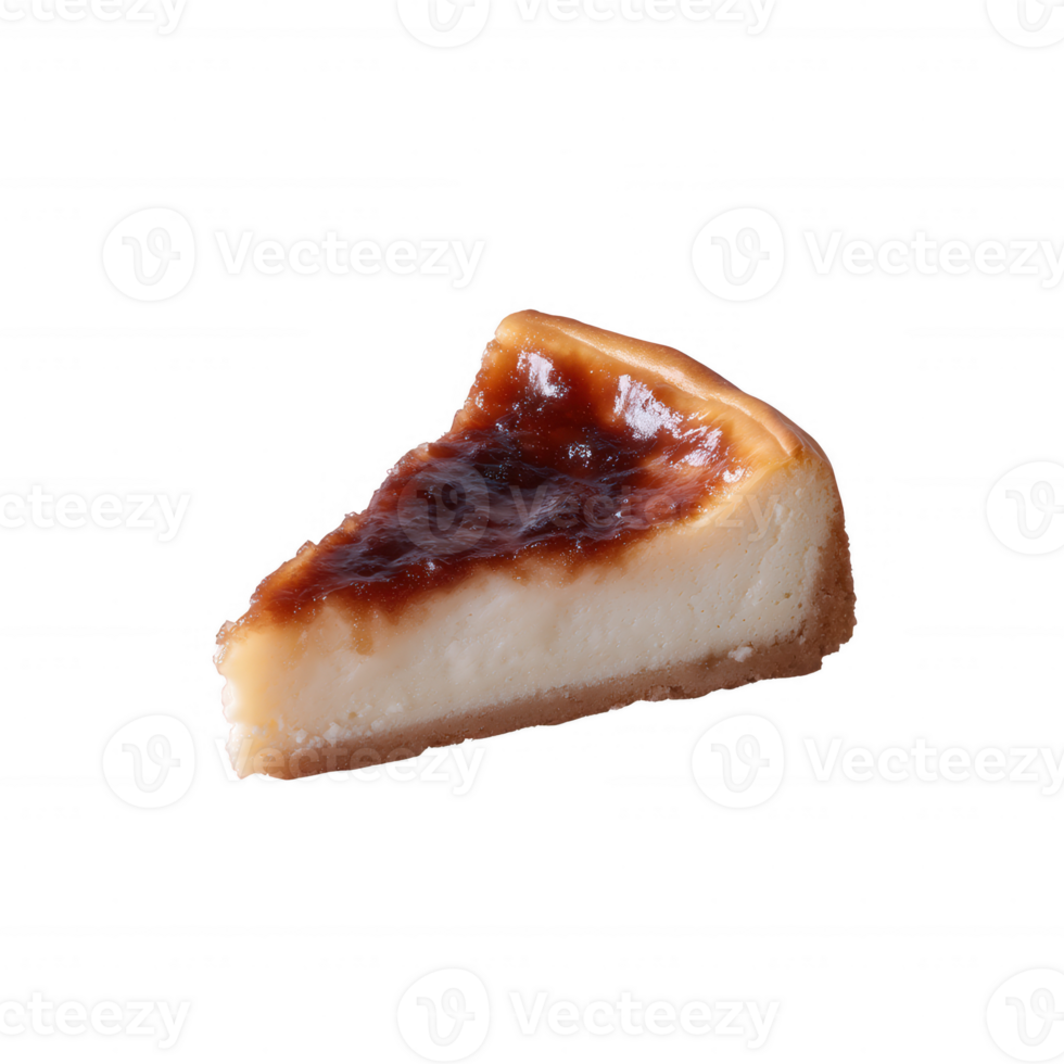 Delicious slice of creamy cheesecake with a glossy caramel topping, placed on a white background for an elegant presentation. png