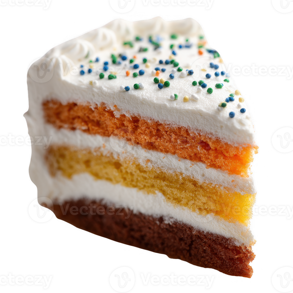 Delicious slice of layered cake with colorful frosting and sprinkles, perfect for celebrations. Isolated on a white background for clear focus. png