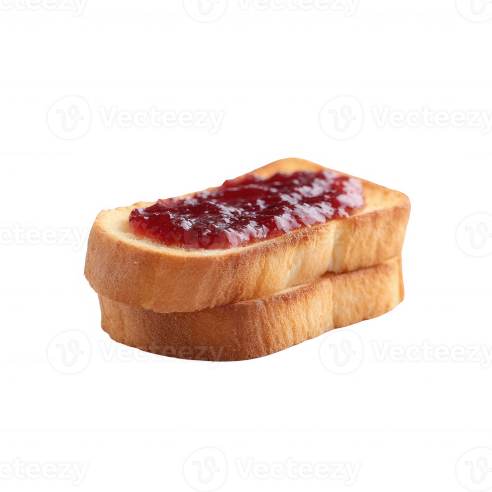 Delicious slices of toasted bread topped with a generous layer of vibrant red jam, isolated on a white background, perfect for breakfast or snack imagery. png