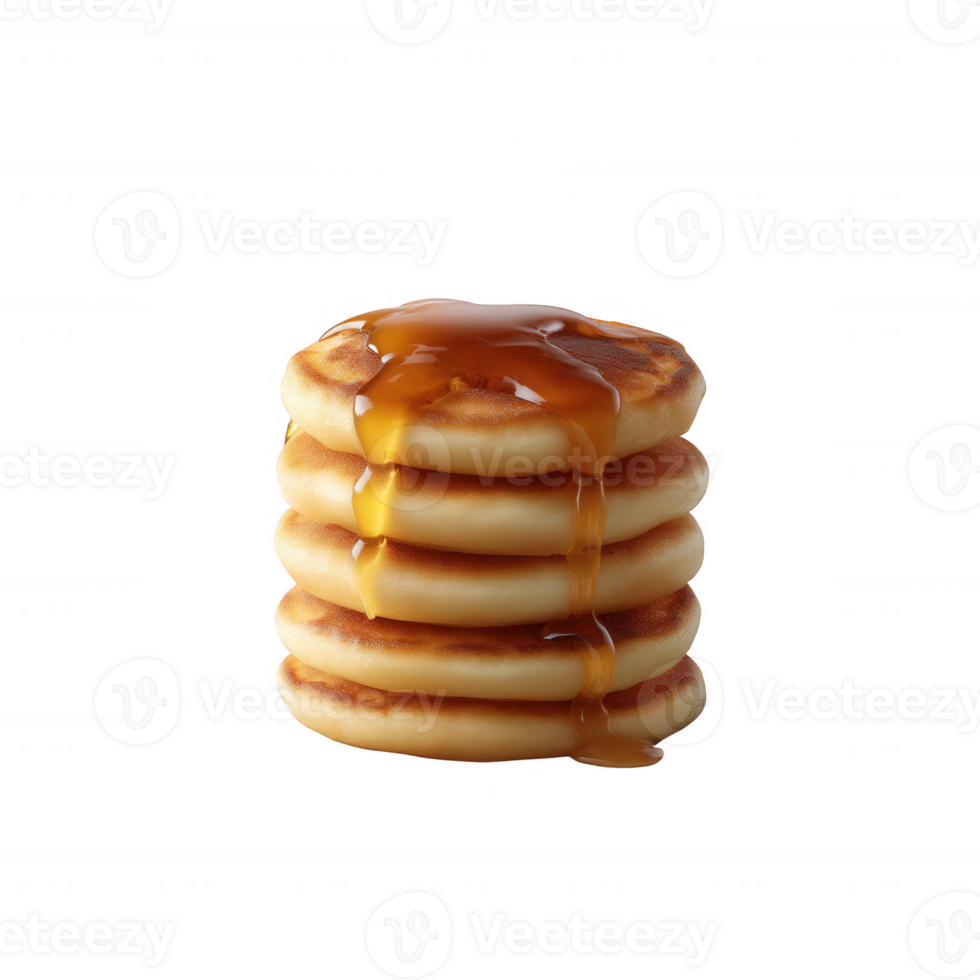 Delicious stack of fluffy pancakes topped with rich, golden syrup, perfect for breakfast or dessert. Isolated on a white background to highlight the appetizing layers. png
