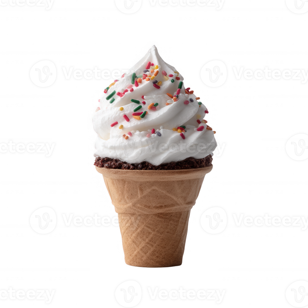Delicious soft-serve ice cream topped with colorful sprinkles in a crispy cone on a white isolate background. png