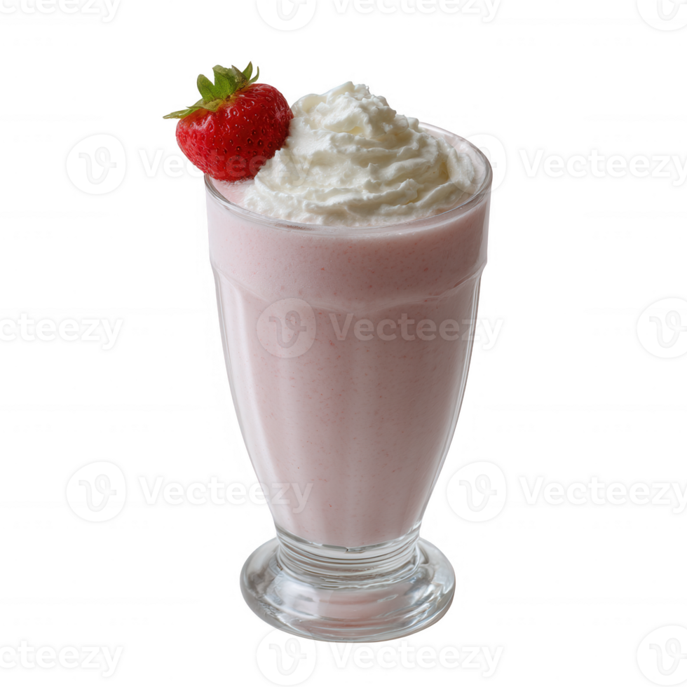 Delicious strawberry milkshake topped with whipped cream and a fresh strawberry. Perfect for a refreshing treat on a hot day, served in a tall glass with a smooth creamy texture. png
