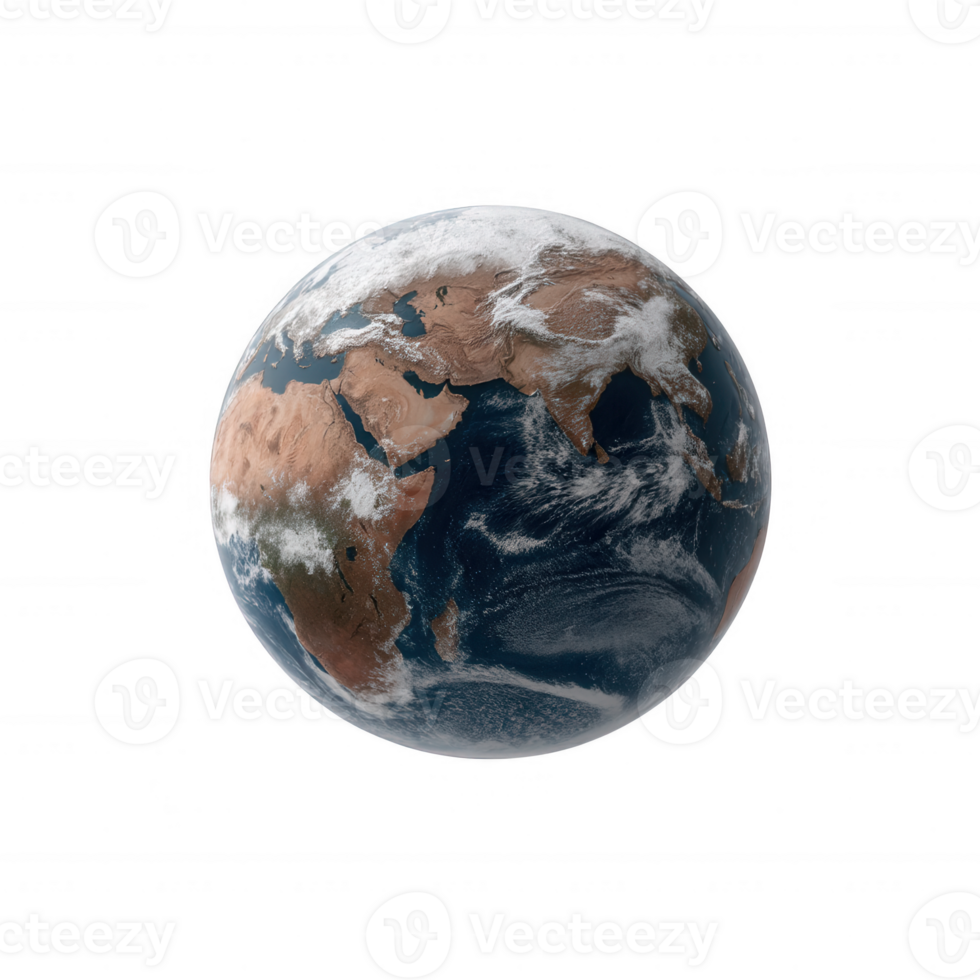 Detailed view of Earth, showcasing continents, oceans, and atmospheric clouds on a transparent background. png
