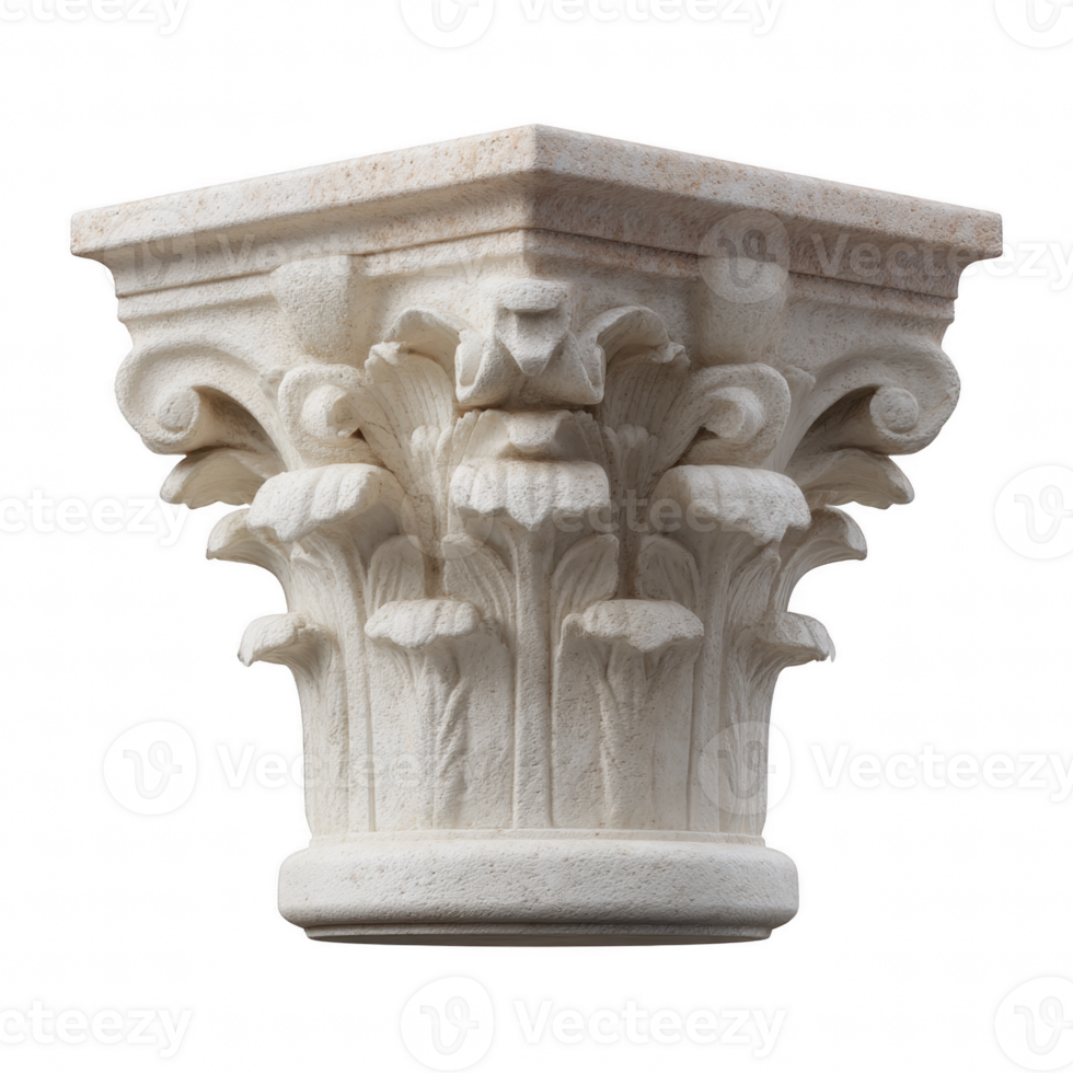Detailed architectural column capital featuring intricate floral patterns, showcasing classic design elements and craftsmanship, isolated on a white background. png