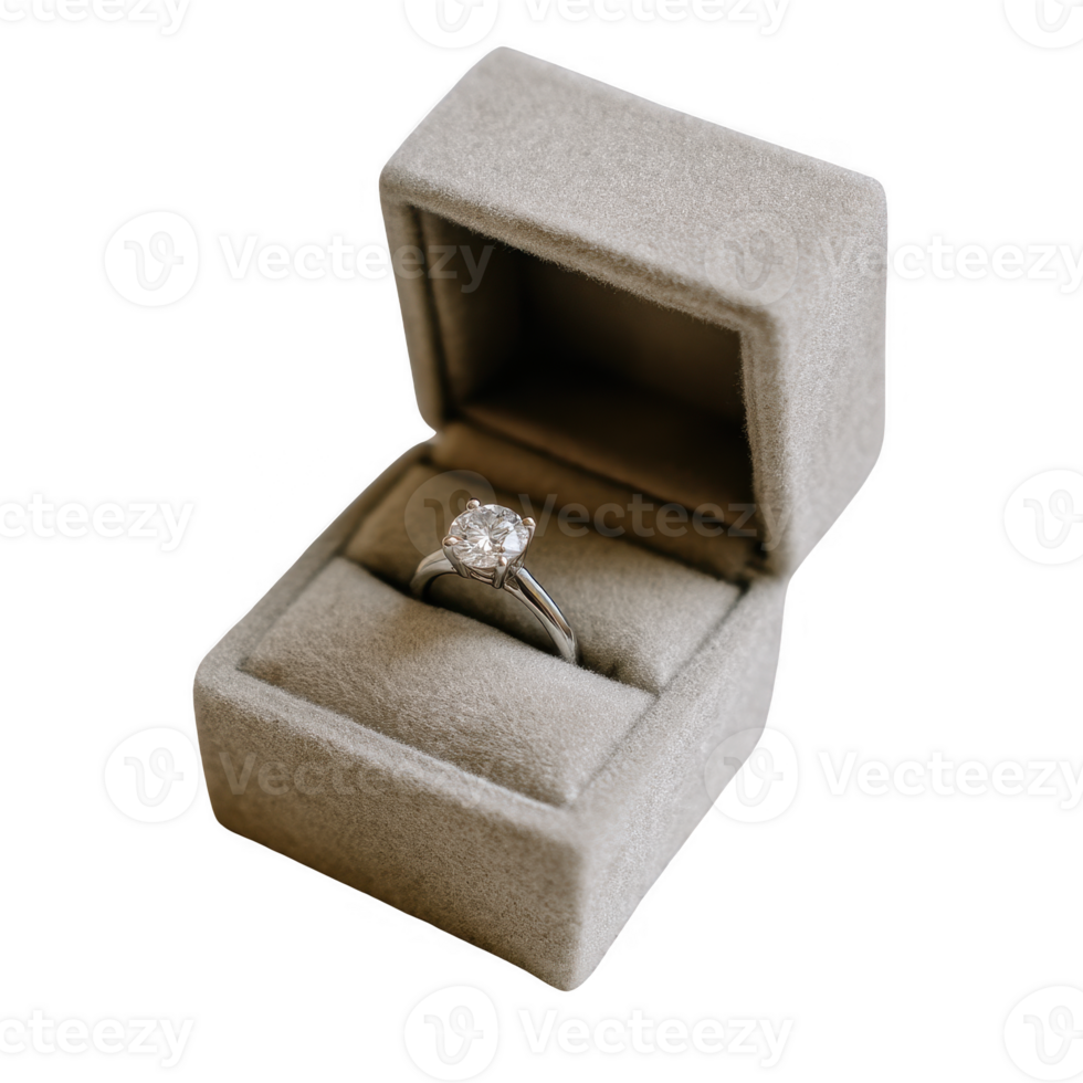 Elegant engagement ring displayed in an open velvet box, perfect for symbolizing love and commitment. png