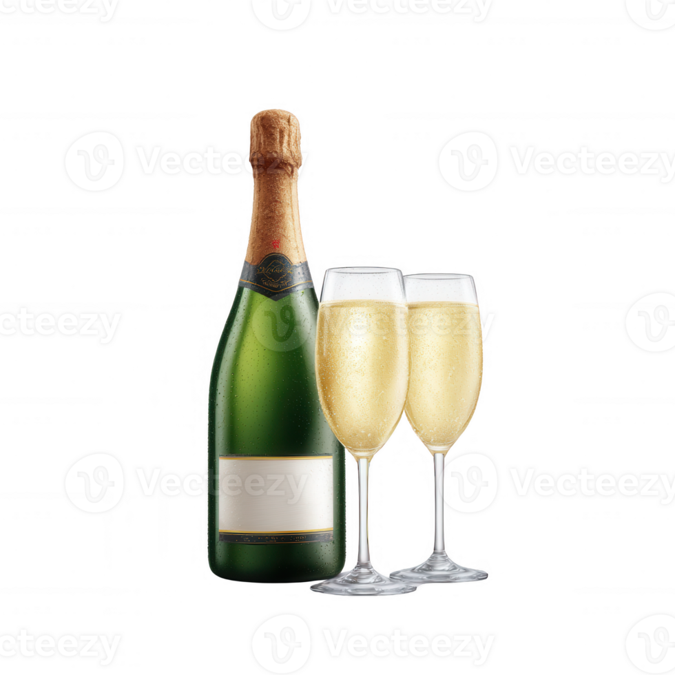 Elegant champagne bottle with two filled glasses, perfect for celebrations and special occasions, against a white isolated background. png