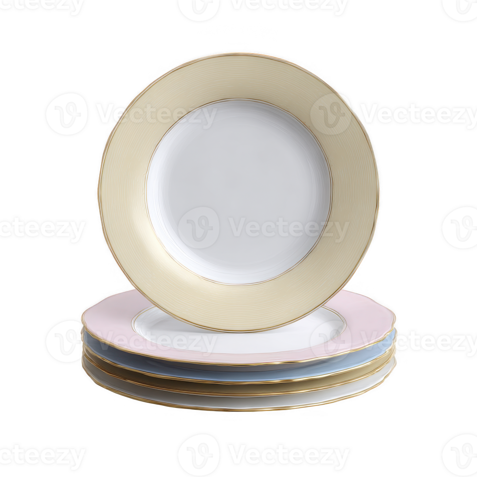 Elegant stack of fine dining plates, showcasing a delicate gold rim and subtle pastel hues, perfect for upscale dining settings and catering events png