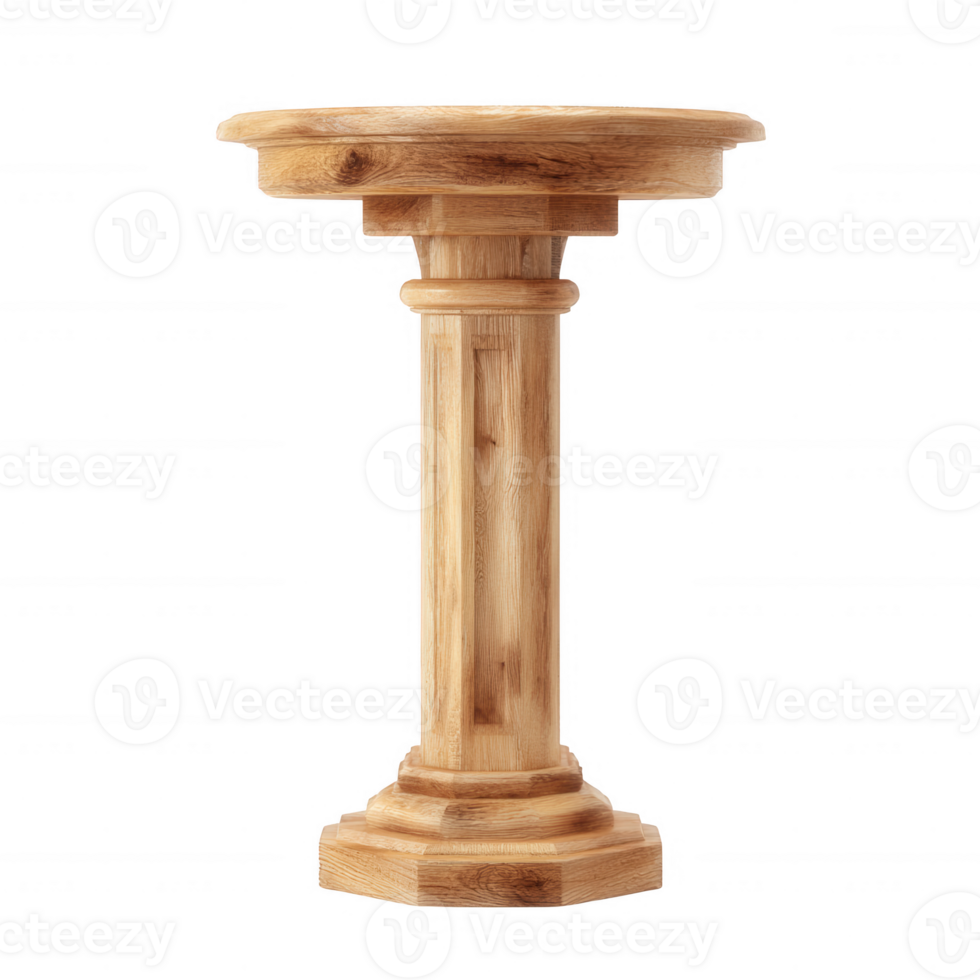 Elegant wooden pedestal in a classic design. Perfect for showcasing plants, art, or decorative items. Strong and sturdy base with a smooth, polished finish. png