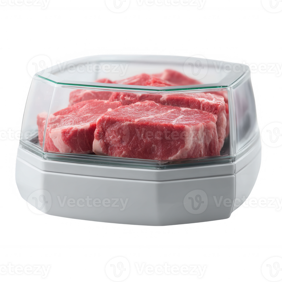 Fresh raw beef cuts stored in a transparent container. Ideal for culinary presentations or food preparation concepts. Clean, modern design highlighting quality. png