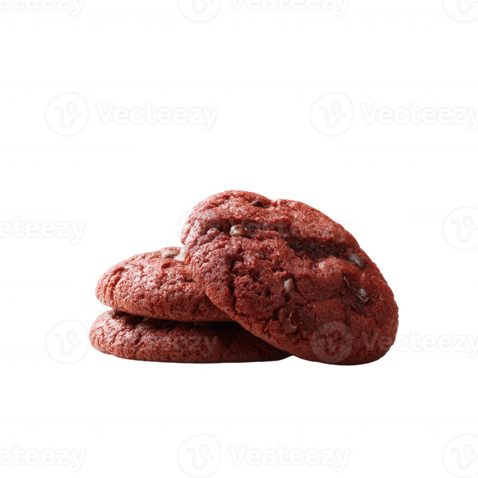 Freshly baked red velvet cookies stacked on top of each other, soft and chewy texture, perfect for dessert lovers, isolated on a white background. png