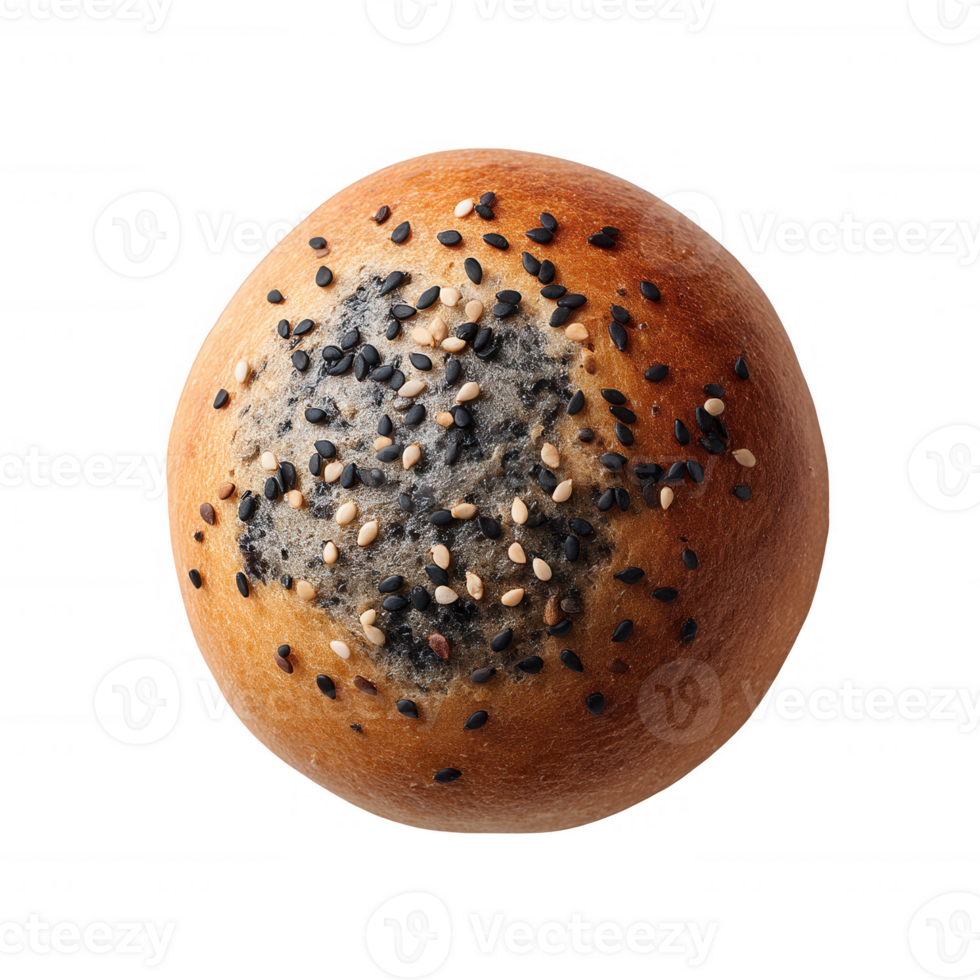 Freshly baked sesame bread roll featuring a golden crust and a delightful mix of black and white sesame seeds on top, presented on a clean white background. png