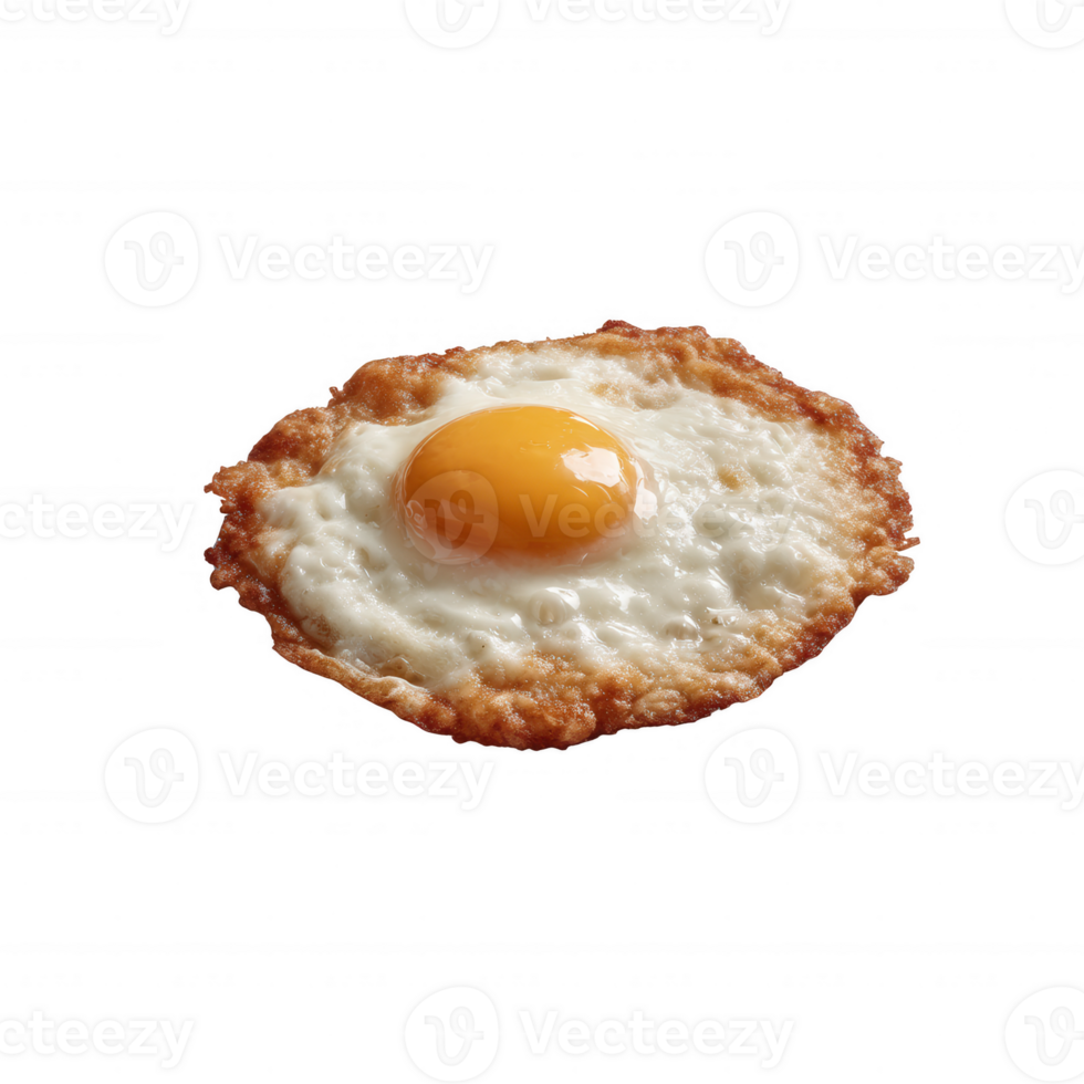 Fried egg with a golden yolk, crispy edges, and soft whites, presented on a clean white background, perfect for culinary themes and kitchen decor. png