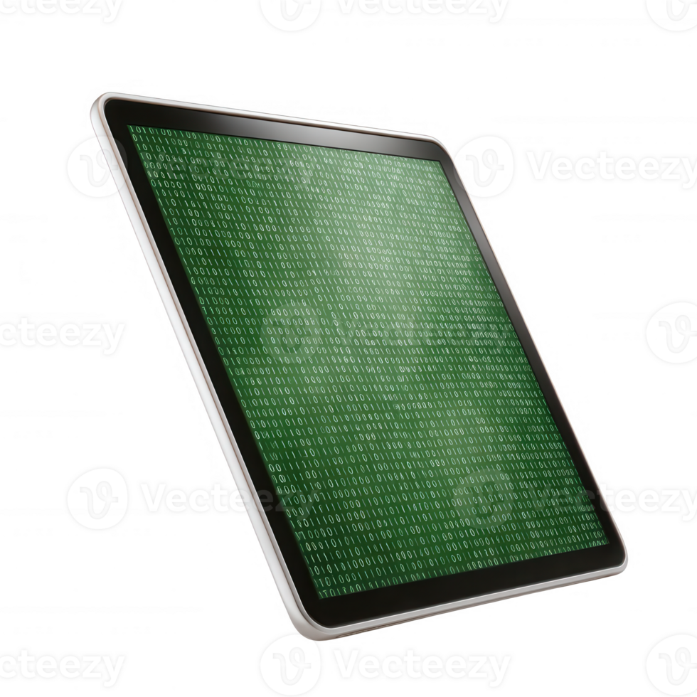 Futuristic tablet with a green binary code screen, showcasing advanced technology and innovation against a white isolate background. png
