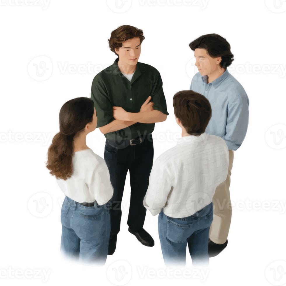 Group of four people engaged in conversation, standing in a circle with arms crossed and attentive expressions, isolated on a white background. png