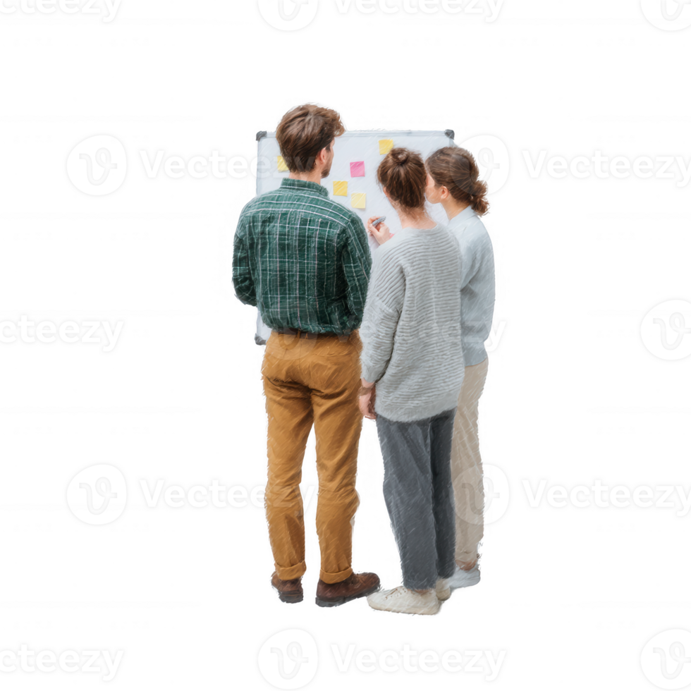Group of three professionals collaborating and brainstorming ideas near a whiteboard filled with notes and sticky notes, showcasing teamwork and creativity in an office setting. png