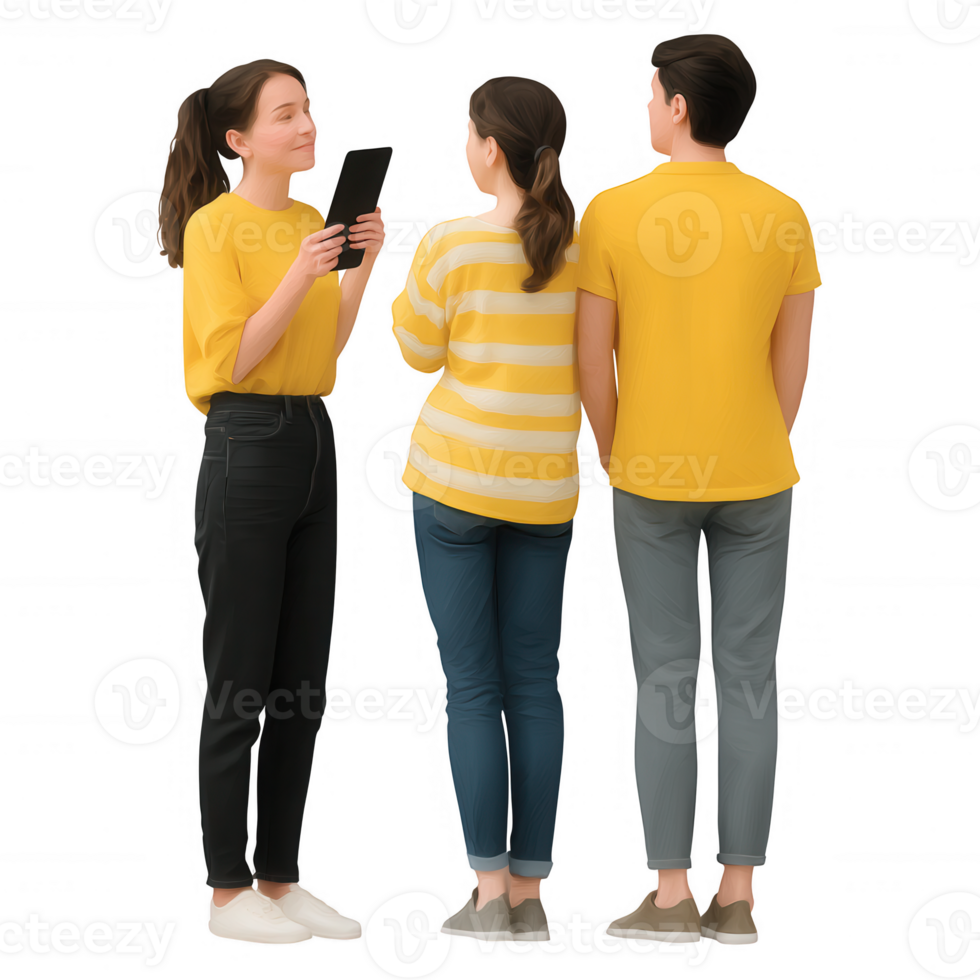 Group of young individuals interacting, wearing casual attire, showcasing friendship and communication in a modern setting. png