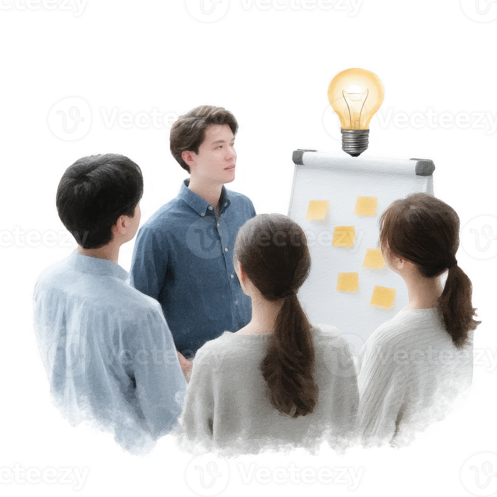 Group of professionals brainstorming ideas around a flip chart with sticky notes and a light bulb representing innovation and teamwork. png