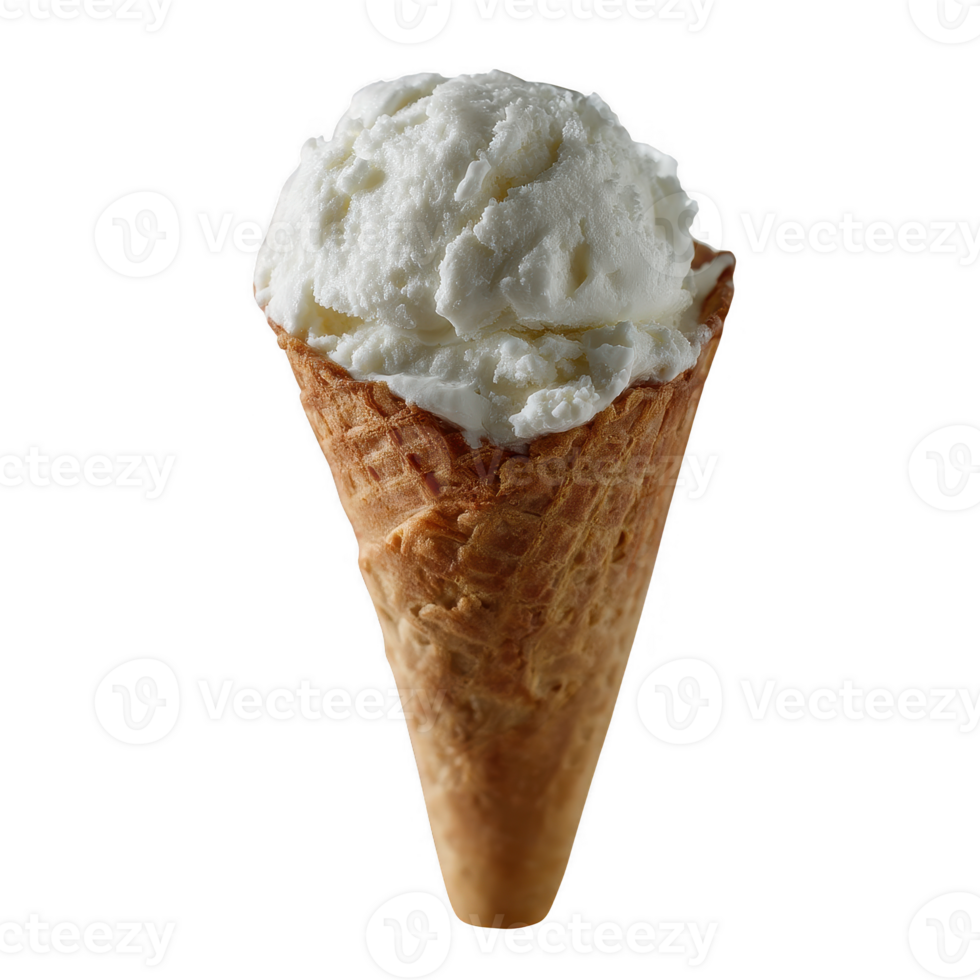 Ice cream cone featuring a fluffy scoop of creamy vanilla ice cream on a crispy wafer cone, perfect for a sweet summer treat. png