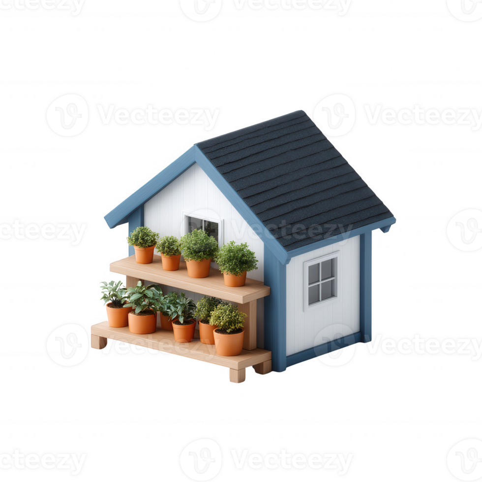 Miniature house with a planter displaying various herbs and plants, set against a white isolate background. Ideal for gardening enthusiasts and home decor inspiration. png