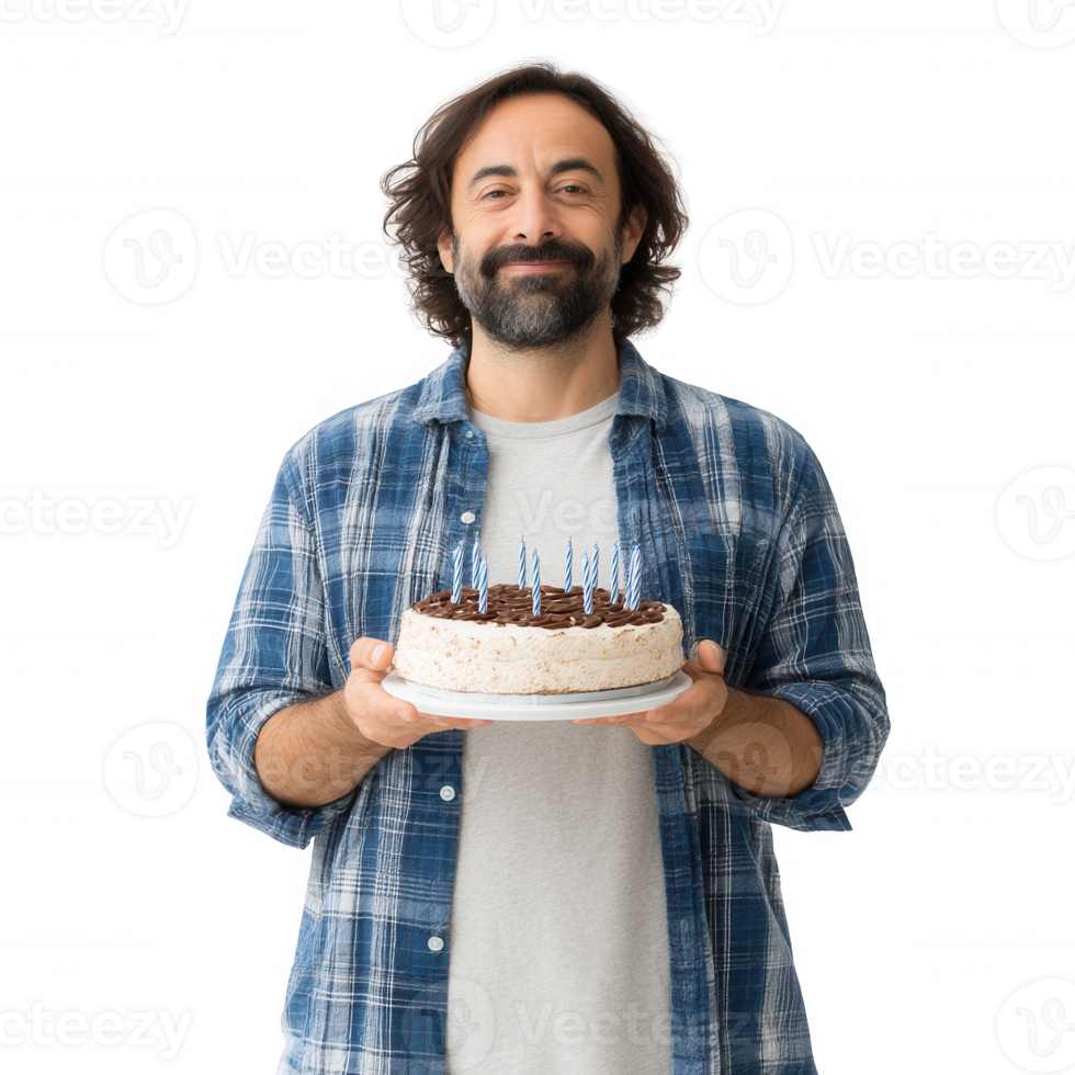 Man holding a birthday cake with candles, smiling joyfully, wearing a flannel shirt against a white isolated background. png