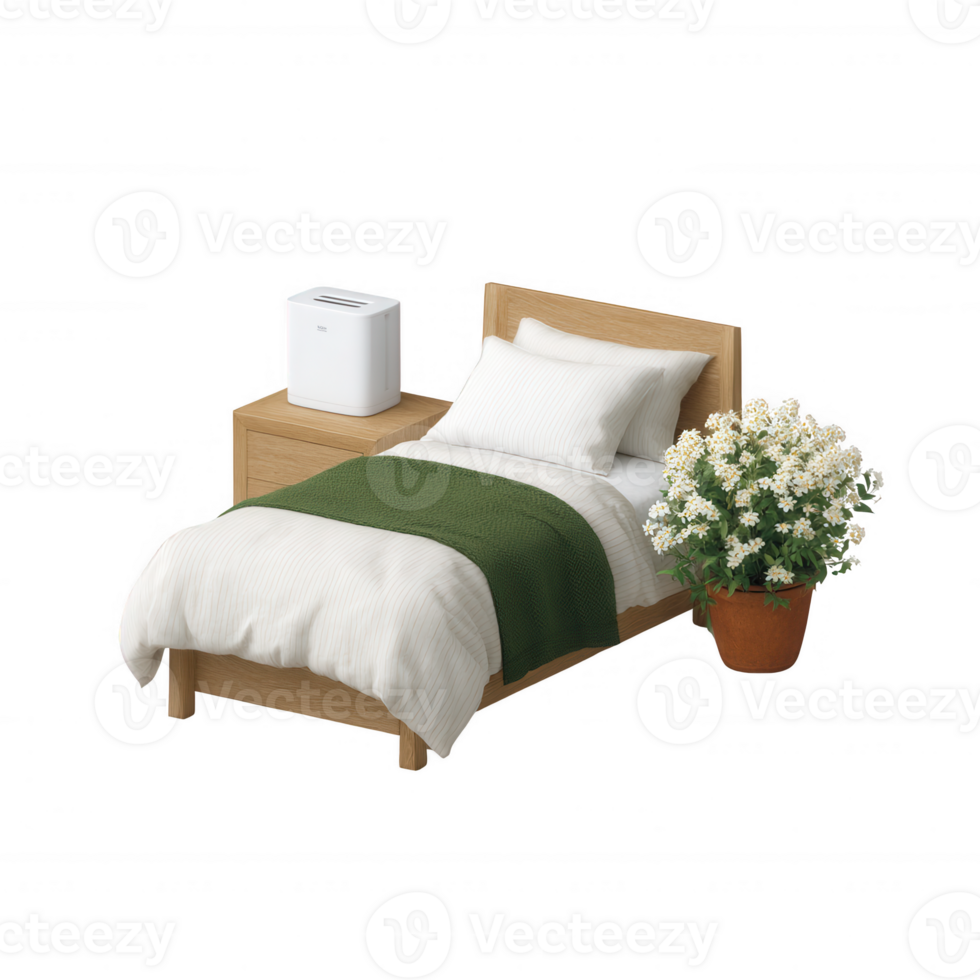Modern bedroom setup featuring a wooden bed with a green and white comforter, a bedside table, a plant, and a white air purifier, creating a cozy and inviting atmosphere. png