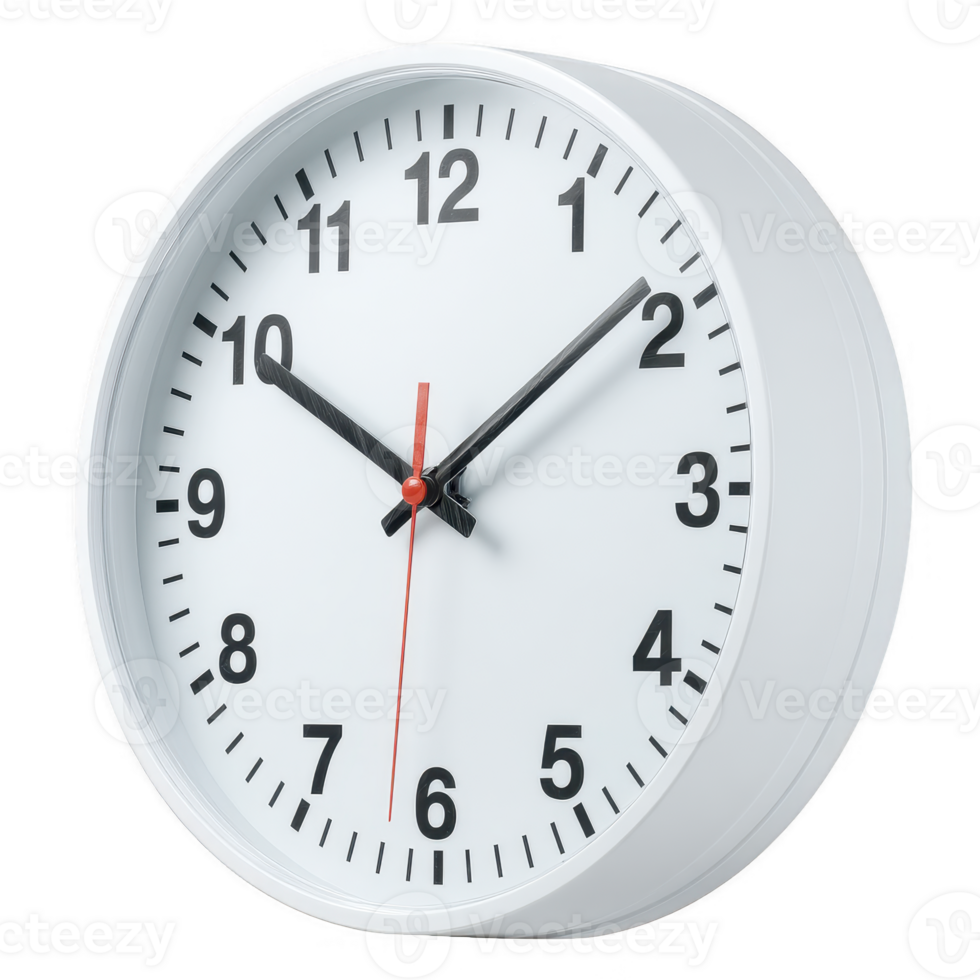 Modern wall clock with a minimalistic design, featuring black hour and minute hands, a red second hand, and clear numbers on a white face. Ideal for home or office decor. png