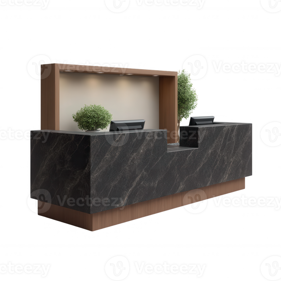 Modern reception desk with a stylish black marble finish and natural elements, ideal for office environments. Designed for professionalism and aesthetic appeal. png