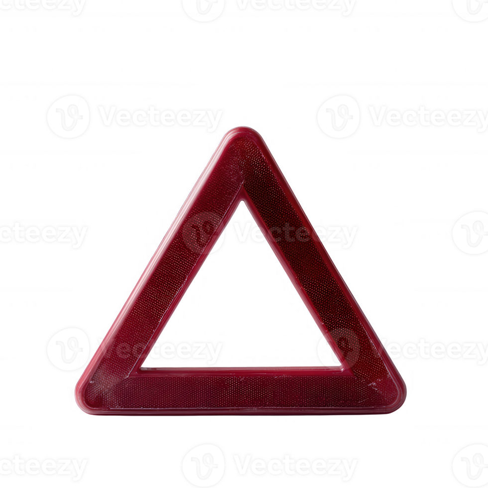 Red warning triangle for roadside emergencies, isolated on a white background, ensuring visibility and safety for drivers in need of assistance. png