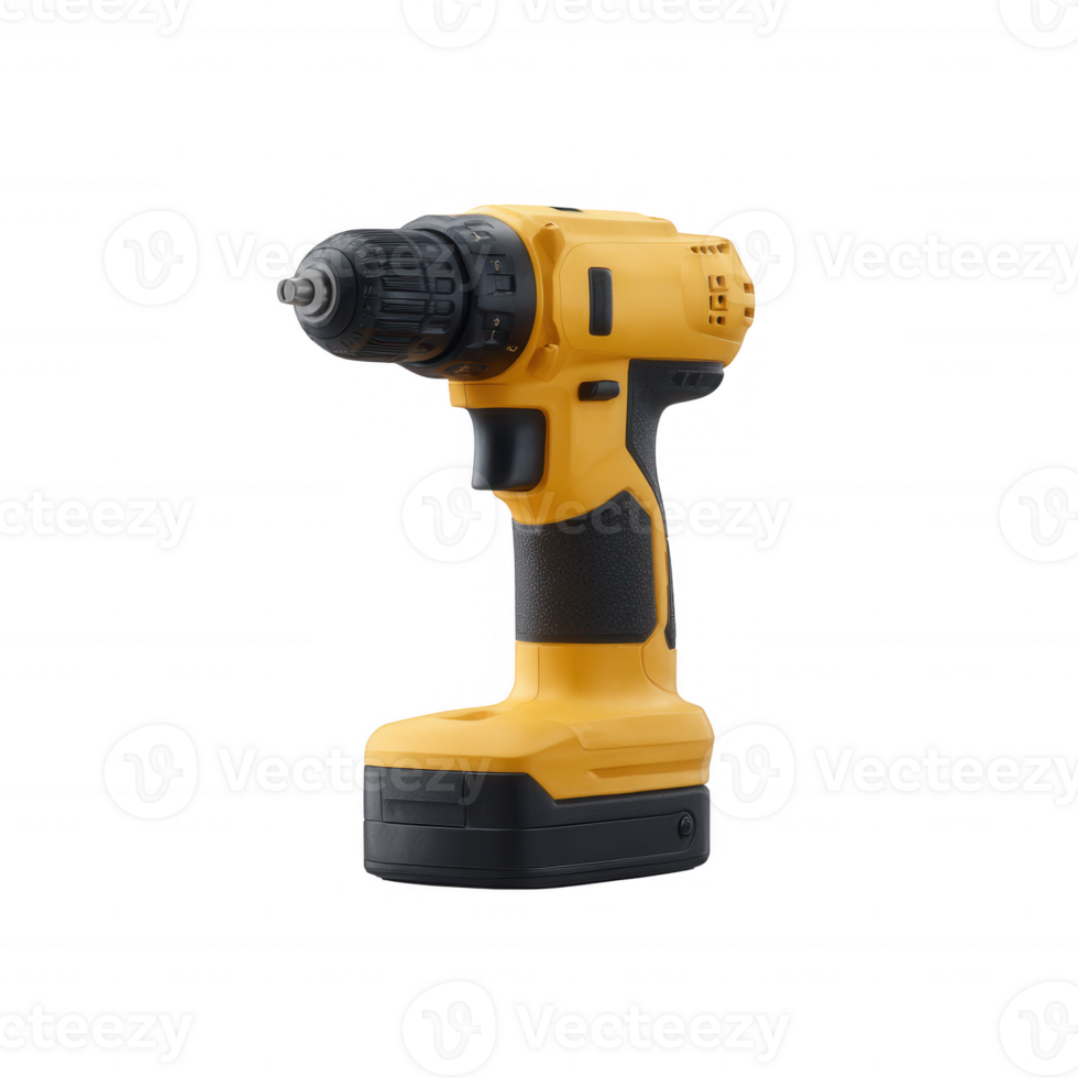 Rechargeable yellow power drill on a white isolated background, perfect for construction and DIY projects. png