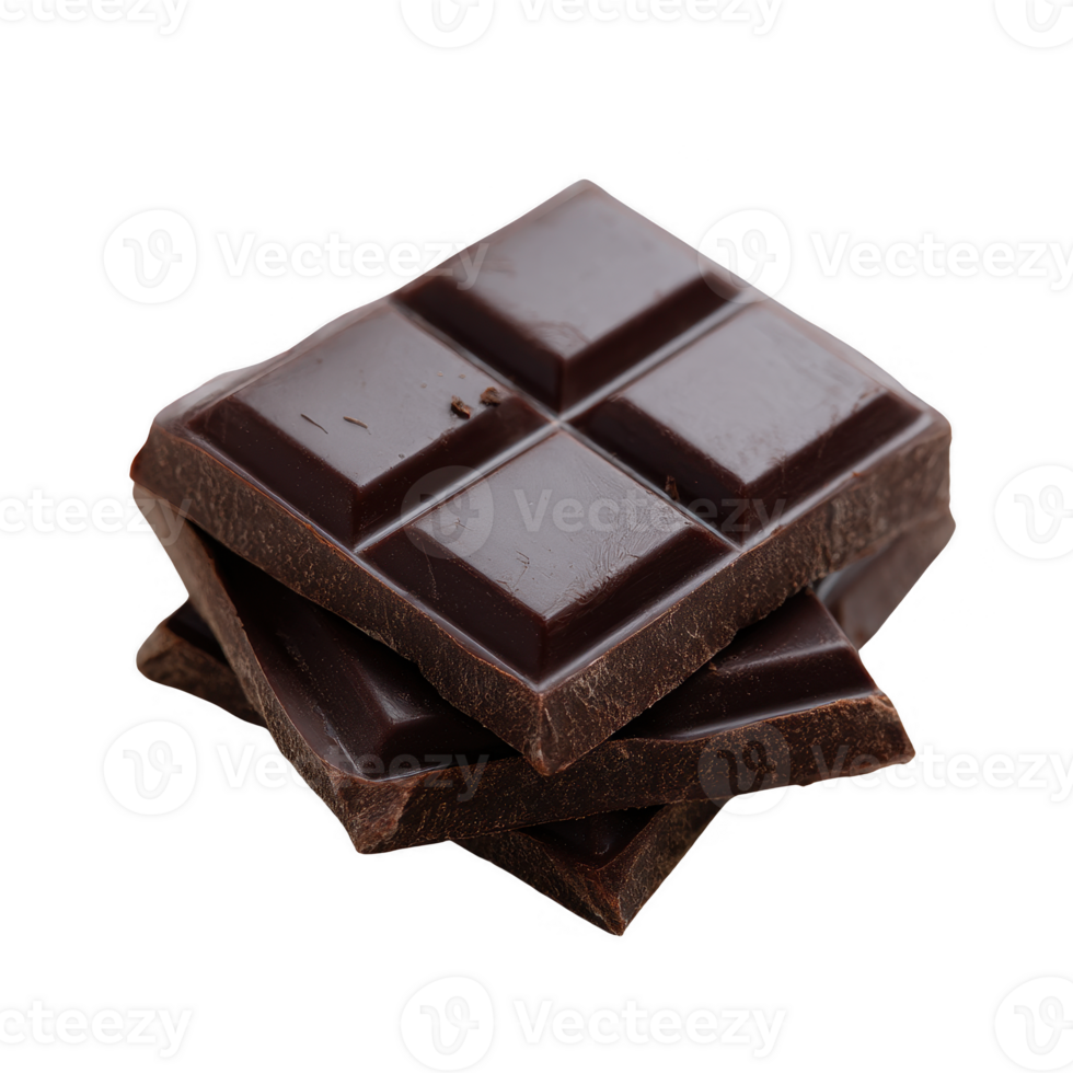 Rich dark chocolate squares stacked against a white background, showcasing their smooth texture and indulgent appearance. png