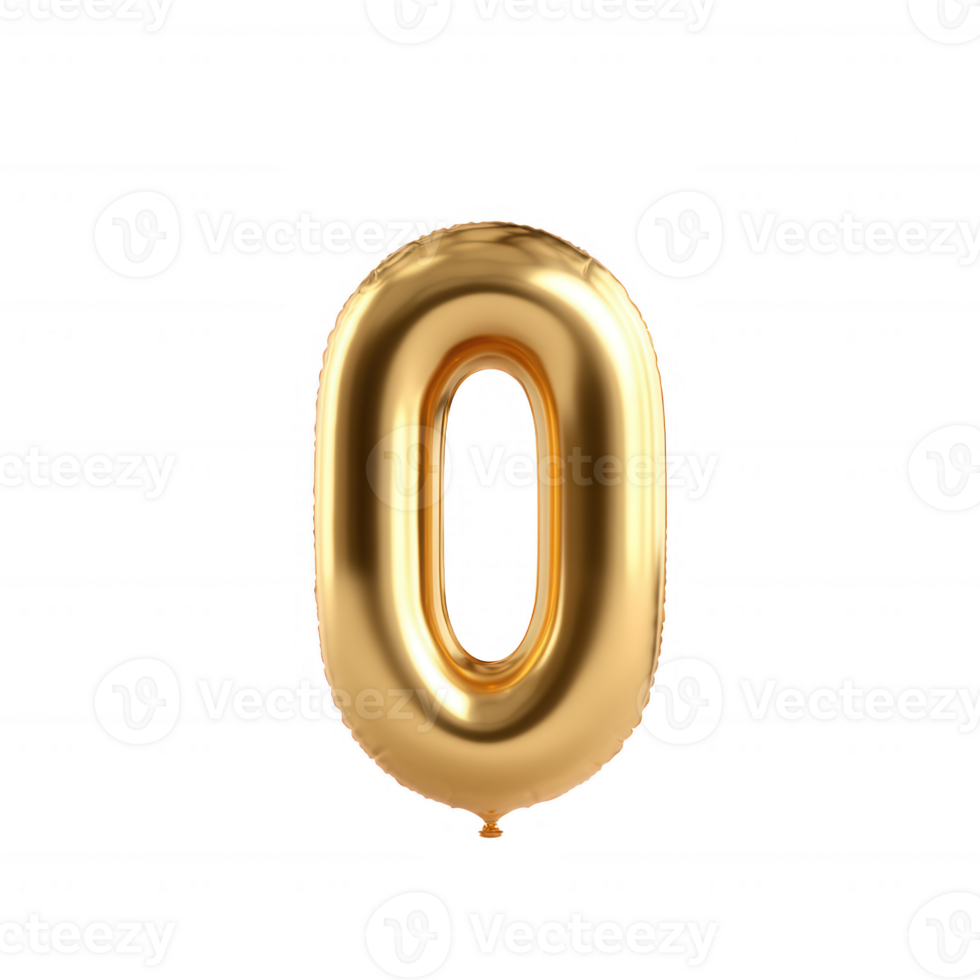 Shiny gold number zero balloon on a transparent background, ideal for celebrations, birthday parties, or special occasions. Perfect for marketing and design projects. png