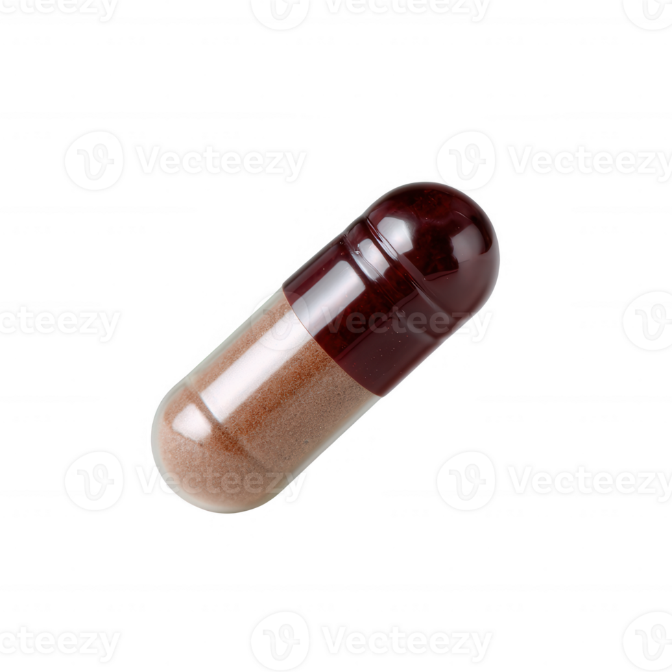 Single brown and transparent capsule on a white isolated background. Ideal for pharmaceutical, dietary supplement, and wellness themes. png