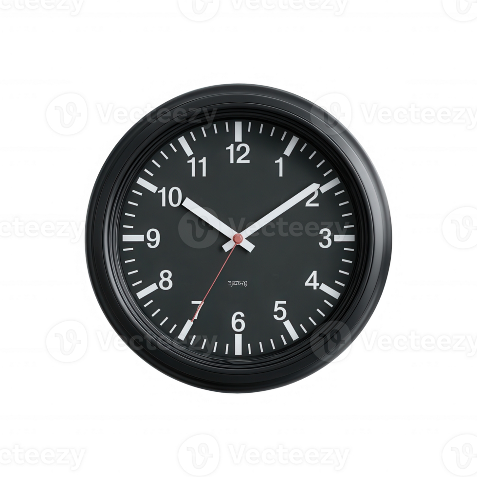 Sleek black wall clock with white hands and bold numbers, displaying the current time accurately. Perfect for home or office decor. png