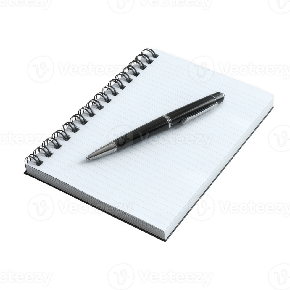 Spiral notebook with blank pages and sleek black pen, perfect for jotting down notes, ideas, or sketches. Ideal for office, school, or personal use. png
