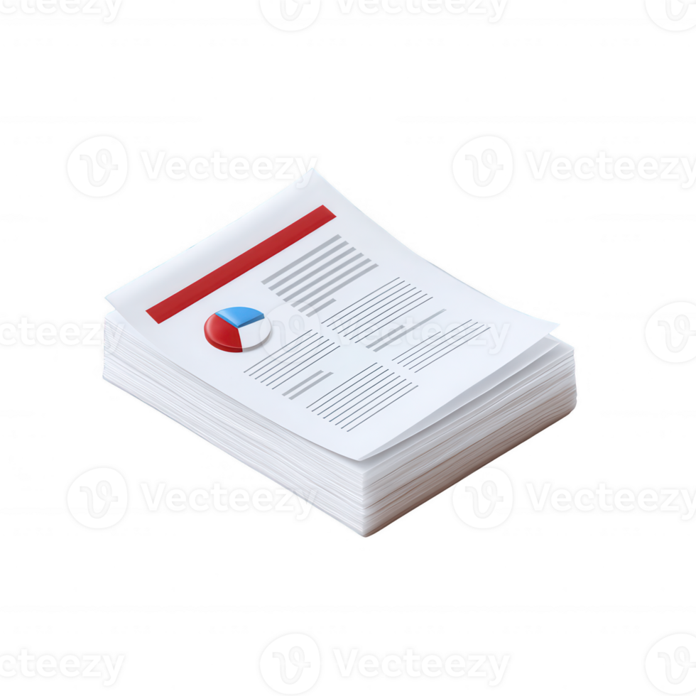 Stack of business reports with a pie chart, showcasing data and statistics on a clean, white background for professional presentations. png