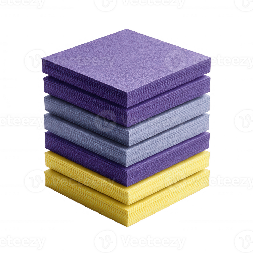Stack of colorful square craft papers featuring shades of purple, gray, and yellow, isolated on a white background, perfect for creative projects and visual inspiration. png