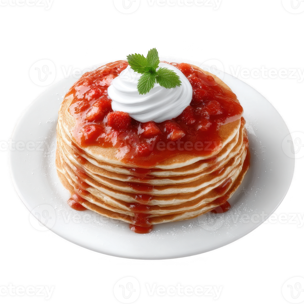 Stacked pancakes topped with strawberry sauce and whipped cream, garnished with a fresh mint leaf, on a white plate. Perfect for breakfast or dessert. png
