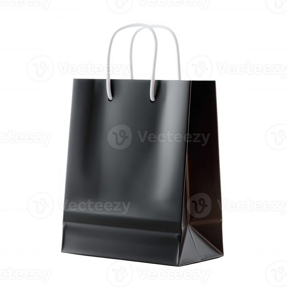 Stylish black paper shopping bag with twisted handles, perfect for carrying purchases or gifts. Ideal for branding, promotions, and retail display on a clean white background. png