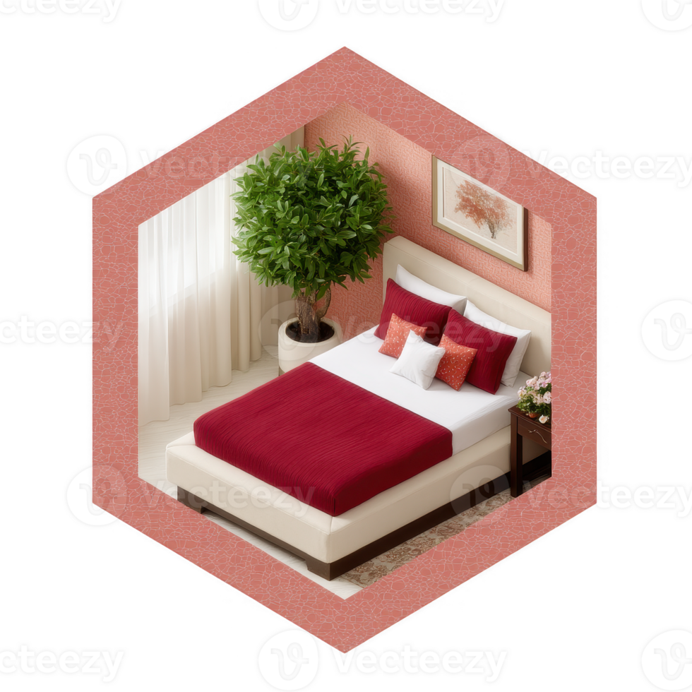 Stylish bedroom interior featuring a cozy bed with red bedding, complemented by decorative pillows and a potted plant, set against a soft pastel wall. png