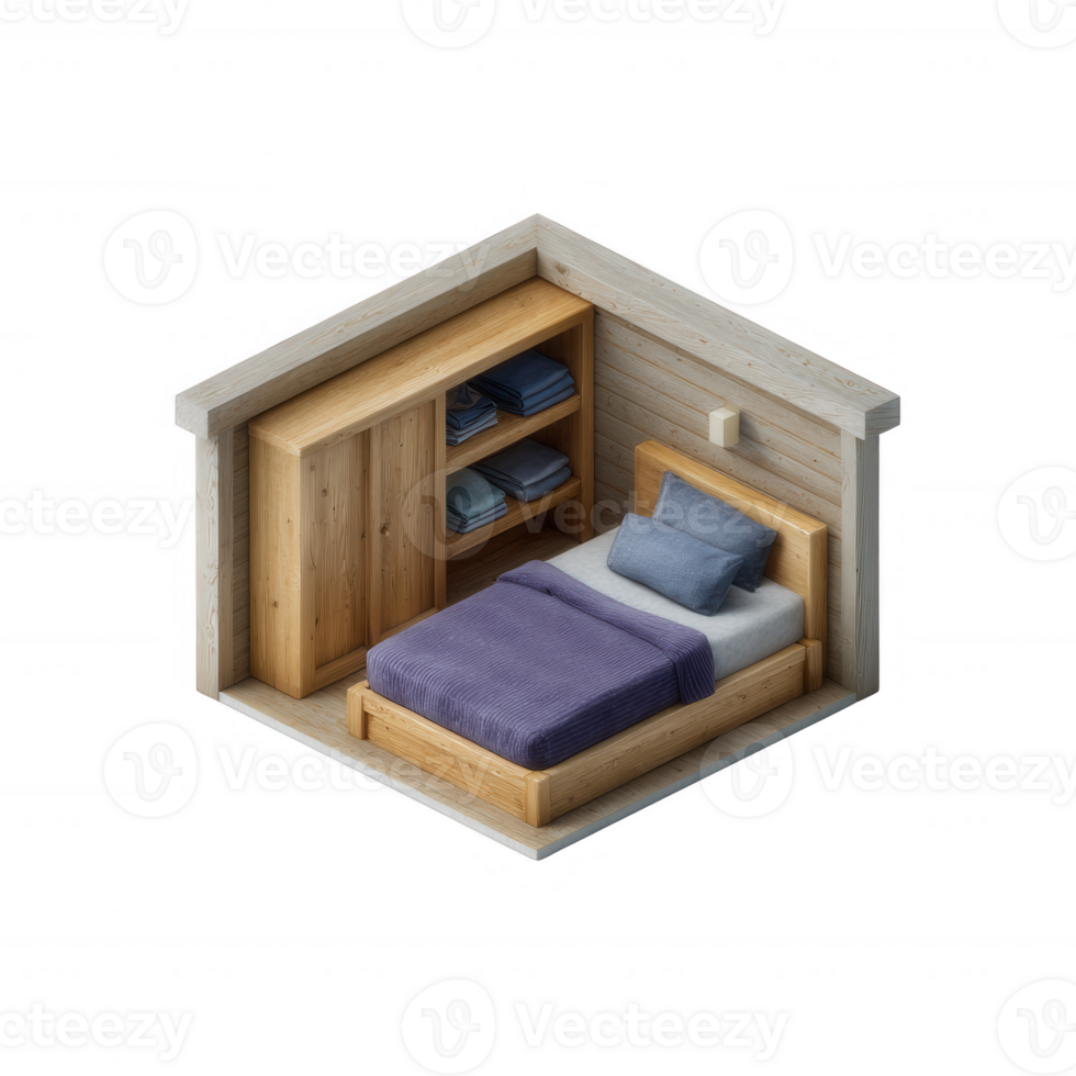 Stylish interior of a modern bedroom with a wooden bed, shelves, and neatly arranged linens, providing a cozy and inviting atmosphere for relaxation. png