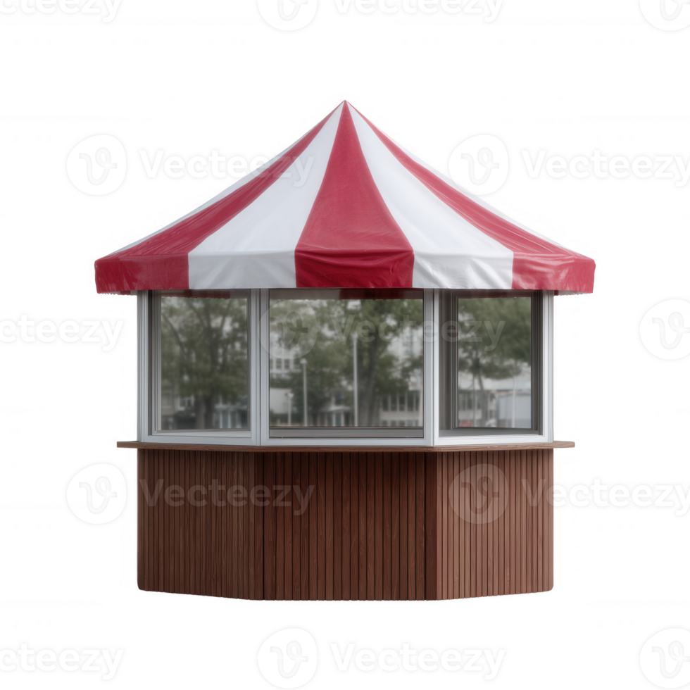 Stylish outdoor kiosk with a red and white striped canopy, featuring large windows and a wooden base, ideal for serving refreshments or tickets in various events. png
