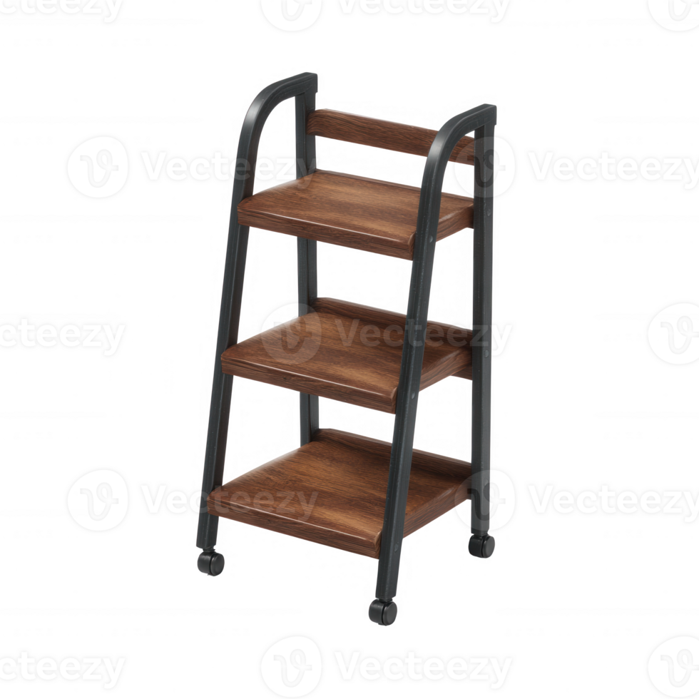 Stylish three-tiered wooden step ladder with metal frame, ideal for home decor or practical use, showcasing a blend of functionality and modern design. png
