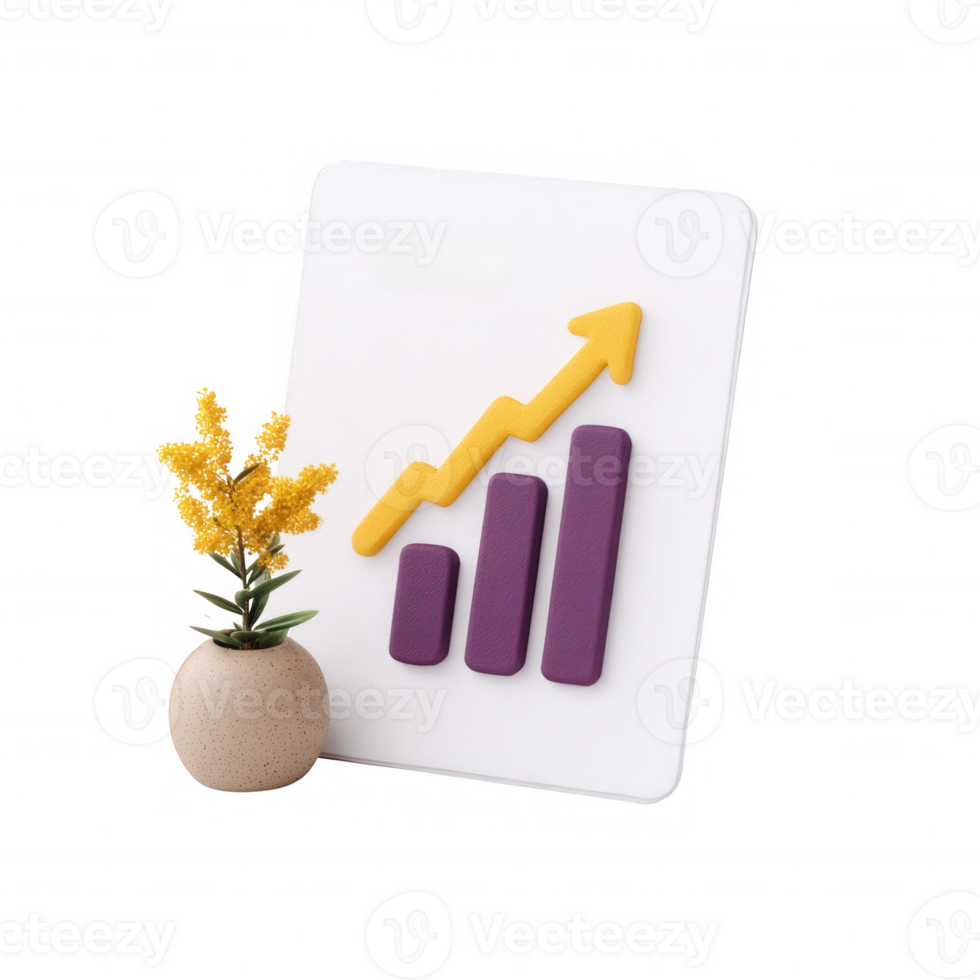 Stylized graph chart with an upward trend along with a small decorative plant in a vase. Ideal for representing growth, success, and business development. png