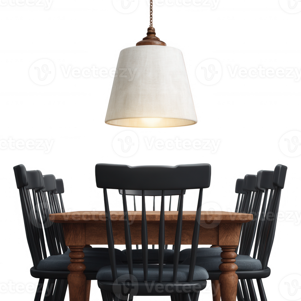 Stylish wooden dining table with black chairs under a modern lamp, creating a cozy atmosphere for family gatherings and meals. png