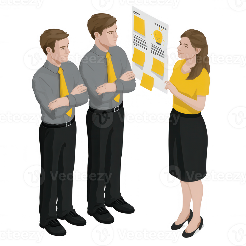 Three business professionals engaged in a discussion, one presenting ideas on a document while the others listen png