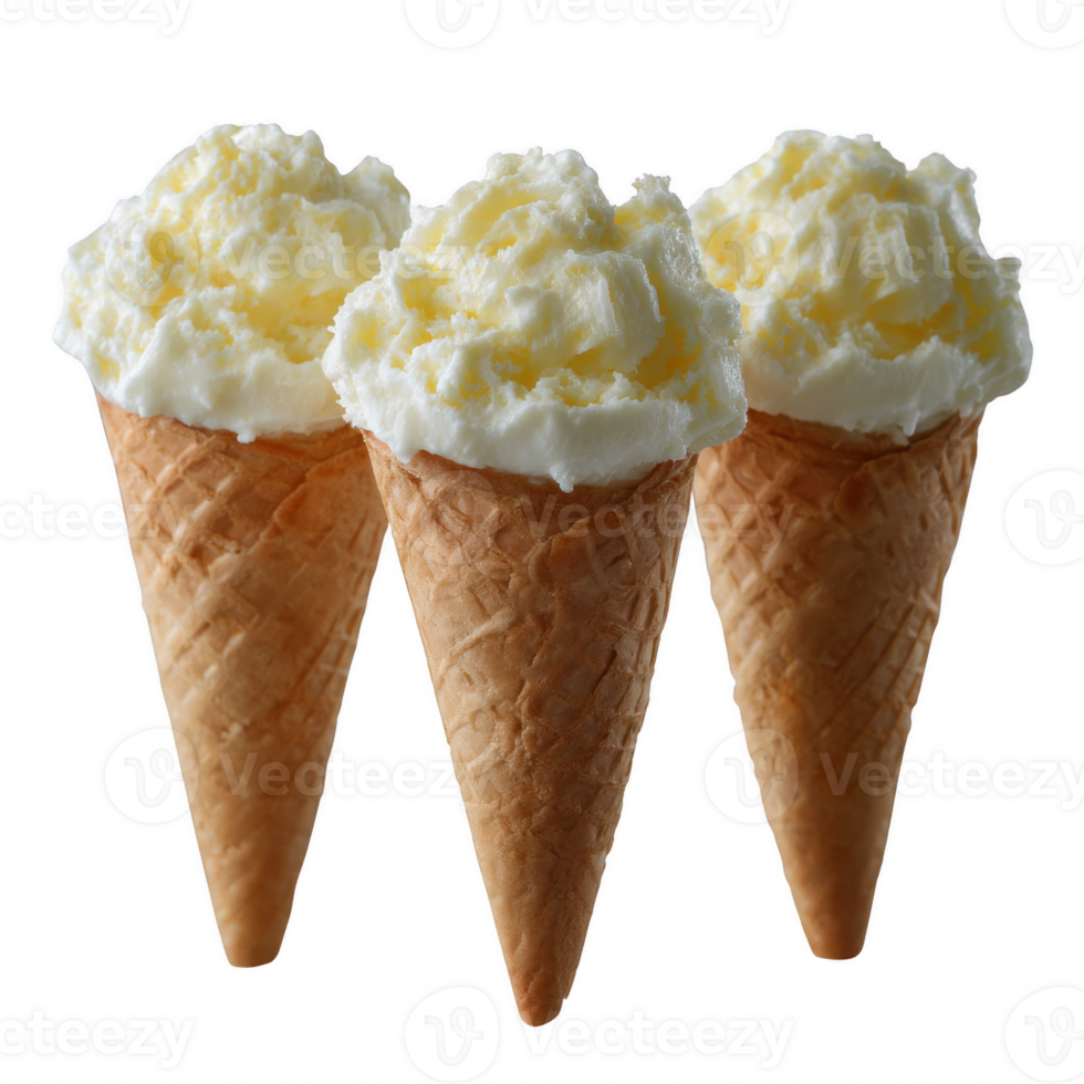 Three ice cream cones topped with fluffy whipped cream, set against a white isolated background, perfect for summer treats or dessert themes. png