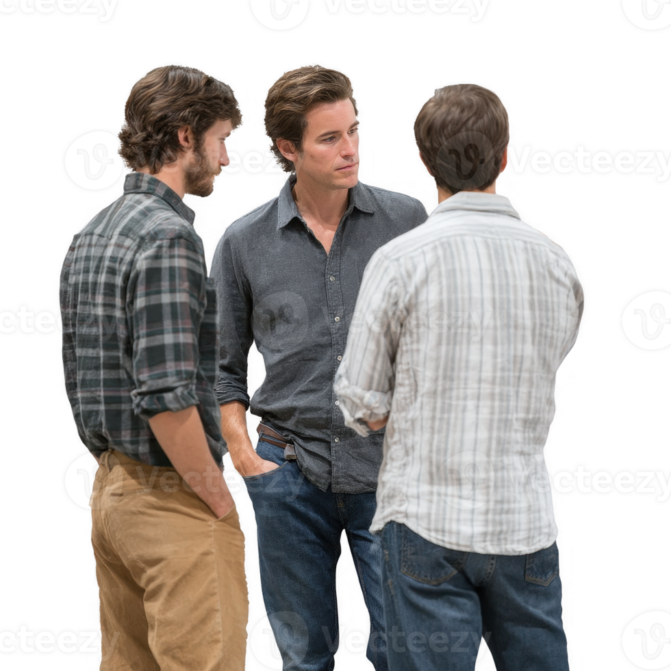 Three men engaged in a conversation with a relaxed demeanor, showcasing a friendly and casual atmosphere, ideal for lifestyle themes. png