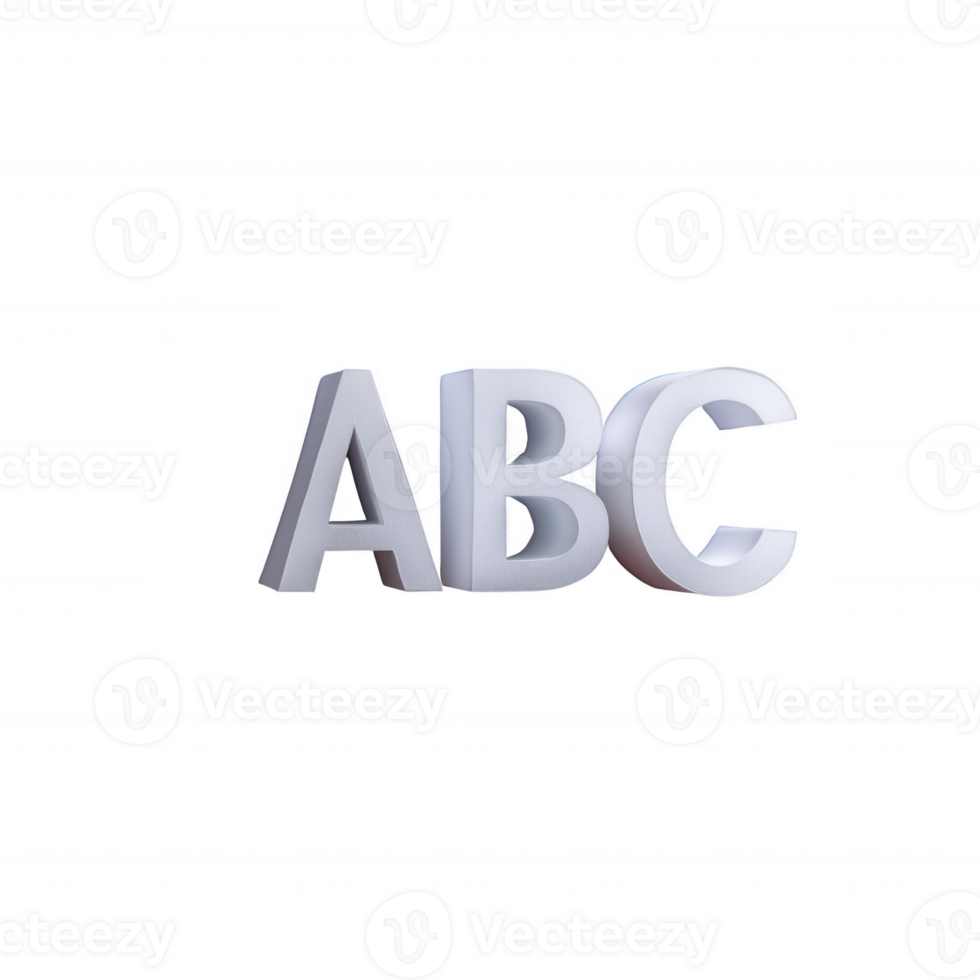 Three-dimensional letters 'A', 'B', and 'C' in white on a black background, perfect for educational or design purposes. png