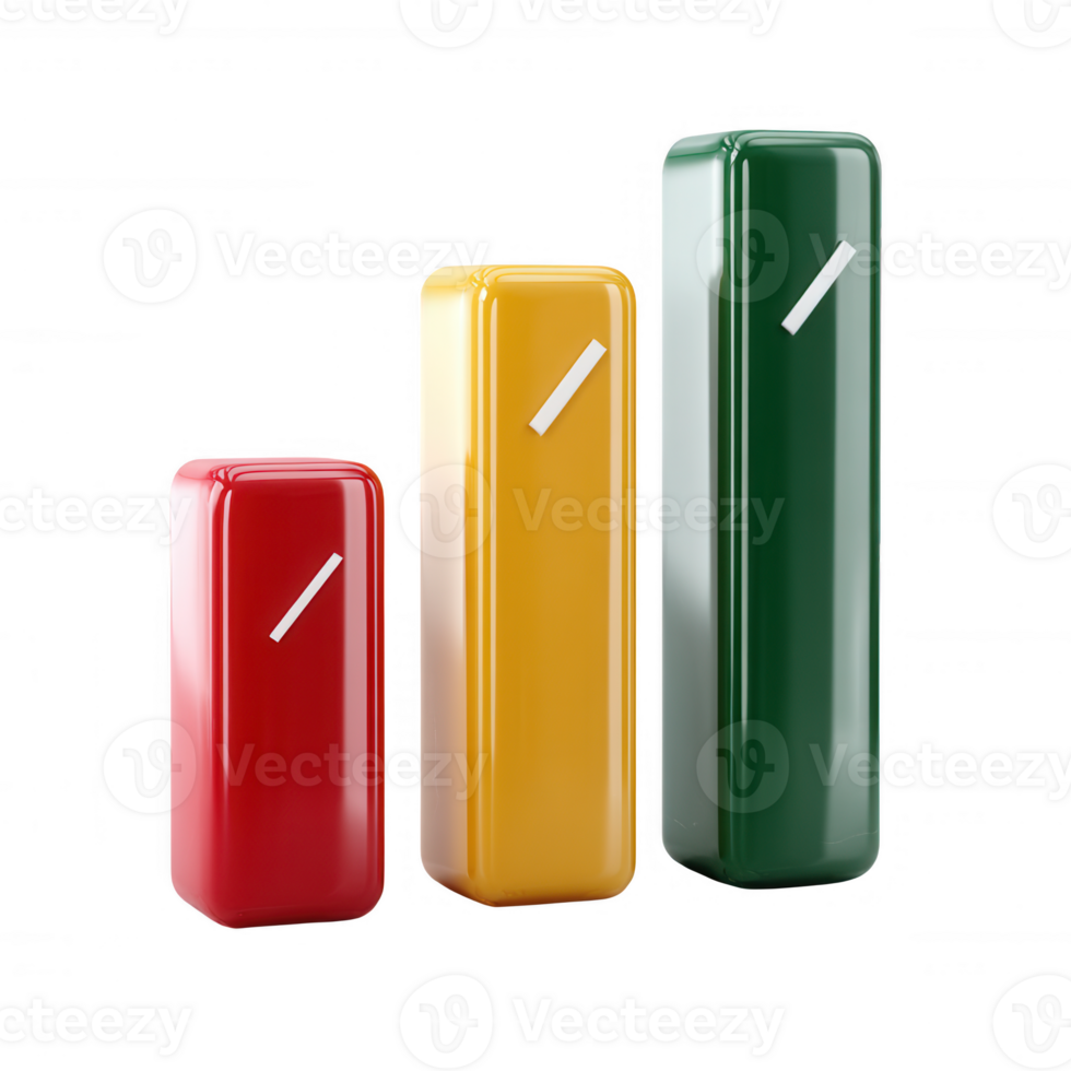 Three vibrant, colorful bar shapes in red, yellow, and green, representing different levels or values, isolated on a white background. png